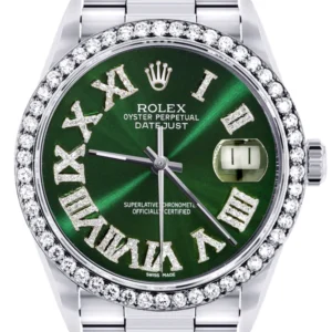 Diamond Mens Rolex Datejust Watch 16200 | 36Mm | Custom Green Roman Numeral Dial | Oyster Band