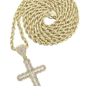 10K Yellow Gold Baguette Cross Necklace | Appx. 13.7 Grams