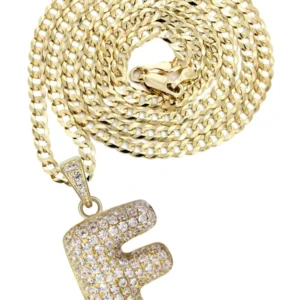 10K Yellow Gold Bubble Letter “F” CZ Necklace | Appx. 12.9 Grams