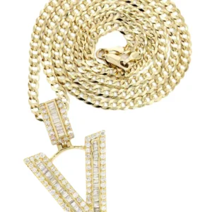 14K Yellow Gold Letter “V” Baguette Diamond Necklace | 1.81 Carats