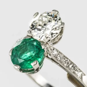 1930s French Platinum Art Deco Emerald Diamond “You and Me” Ring