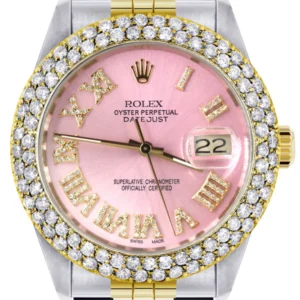 Diamond Gold Rolex Watch For Men 16233 | 36Mm | Pink Roman Numeral Dial | Two Row 4.25 Carat Bezel | Jubilee Band