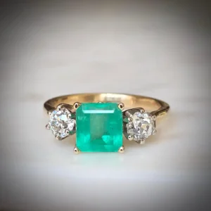 2.33 Carat Natural Colombian Emerald Old European Diamond Engagement Ring Gold