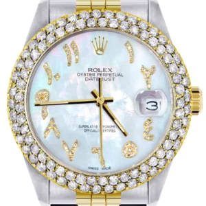 Diamond Gold Rolex Watch For Men 16233 | 36Mm | Mother of Pearl Arabic Diamond Dial | Two Row 4.25 Carat Bezel | Jubilee Band