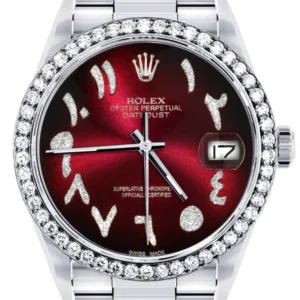 Diamond Mens Rolex Datejust Watch 16200 | 36Mm | Red Black Arabic Diamond Dial | Oyster Band