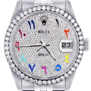 Diamond Mens Rolex Datejust Watch 16200 | 36MM | Full Diamond Color Arabic Dial | Jubilee Band