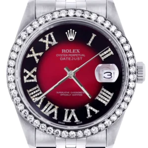 Diamond Mens Rolex Datejust Watch 16200 | 36Mm | Diamond Red Roman Numeral Dial | Jubilee Band