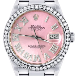 Diamond Mens Rolex Datejust Watch 16200 | 36Mm | Light Pink Roman Numeral Dial | Oyster Band