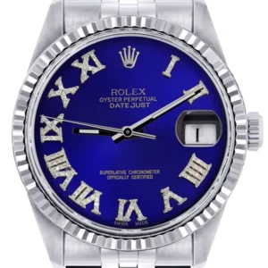 Mens Rolex Datejust Watch 16200 | Fluted Bezel | 36Mm | Blue Roman Numeral Dial | Jubilee Band