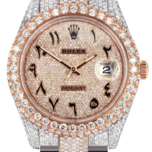 Diamond Rose Gold Iced Out Rolex Datejust 41 | 25 Carats Of Diamonds | Custom Full Diamond Arabic Dial | Oyster Band