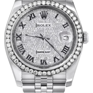 116200 | Hidden Clasp | Diamond Rolex Datejust Watch | 36MM | Full Diamond Roman Dial | Jubilee Band