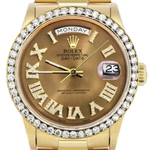 Rolex Day-Date | Presidential | Model 18238 | 18K Yellow Gold | Diamond Bezel | Diamond Roman Chocolate Dial