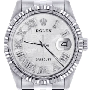 Mens Rolex Datejust Watch 16200 | Fluted Bezel | 36Mm | White Textured Roman Numeral Dial | Jubilee Band