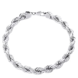 Solid Mens Rope Bracelet 10K White Gold