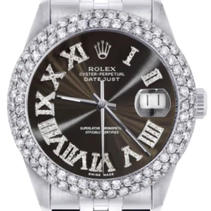 Mens Rolex Datejust Watch 16200 | 36Mm | Dark Brown Roman Numeral Dial | Two Row 4.25 Carat Bezel | Jubilee Band