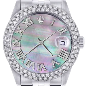 Mens Rolex Datejust Watch 16200 | 36Mm | Dark Mother of Pearl Roman Numeral Dial | Two Row 4.25 Carat Bezel | Jubilee Band