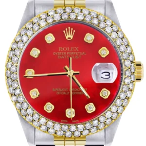 Diamond Gold Rolex Watch For Men 16233 | 36Mm | Custom Red Dial | Two Row 4.25 Carat Bezel | Jubilee Band
