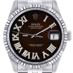 Mens Rolex Datejust Watch 16200 | Fluted Bezel | 36Mm | Dark Brown Roman Numeral Dial | Jubilee Band